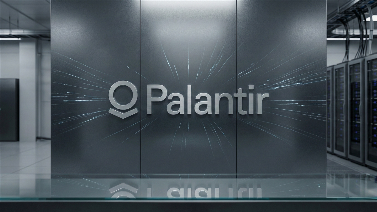 Palantir logo positioned prominently with data center infrastructure in the background.
