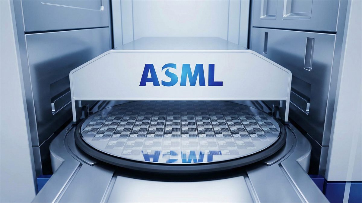 Photorealistic ASML semiconductor wafer-processing machine in a cleanroom, with ASML logo above a silicon wafer.