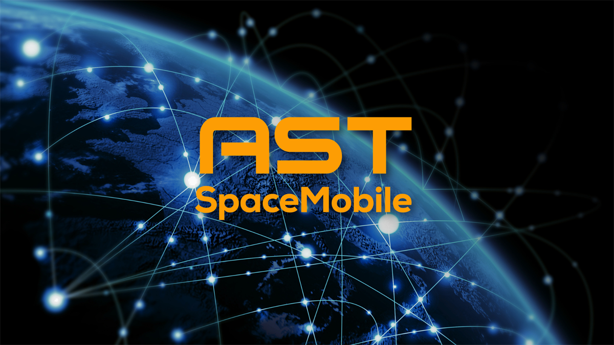 AST SpaceMobile logo over Earth with glowing global network connections in space.