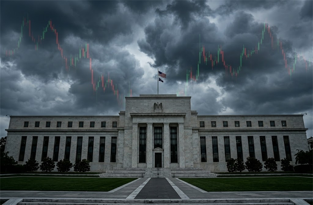 The Federal Reserve building in Washington, D.C., overlaid with a candlestick stock chart against a stormy sky.