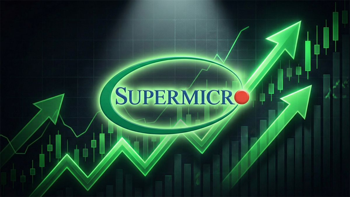 Super Micro Computer logo over green rising stock chart, signaling SMCI rally amid AI server demand.