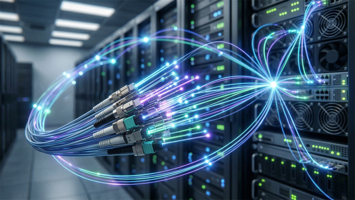 Fiber optic cables transmitting light signals between data center servers, illustrating high-speed AI network infrastructure.