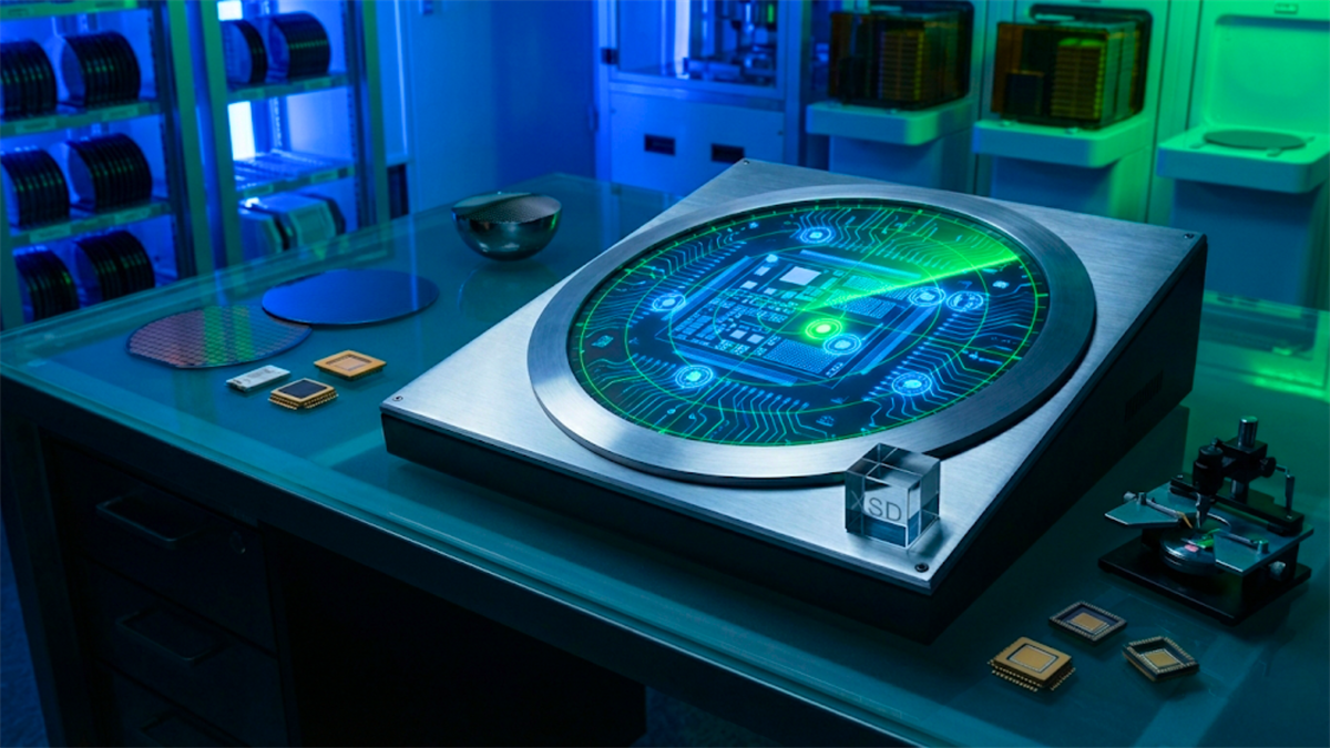Advanced semiconductor lab workstation displays a glowing digital wafer layout, emphasizing chip design innovation.