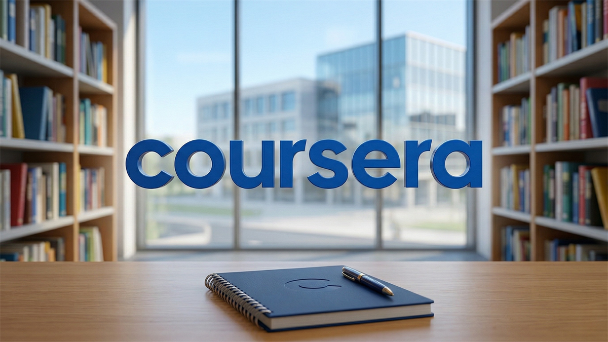 Coursera logo in modern library setting, symbolizing online education platform amid market volatility and growth potential.