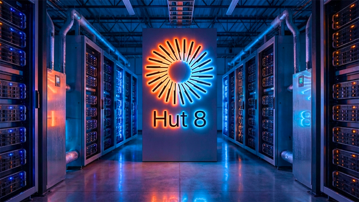 Hut 8 logo in a data center aisle, highlighting crypto mining and AI compute infrastructure tied to HUT stock.