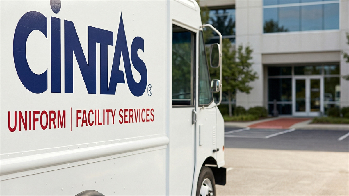 Cintas service truck outside corporate building, representing steady business growth and institutional stability.