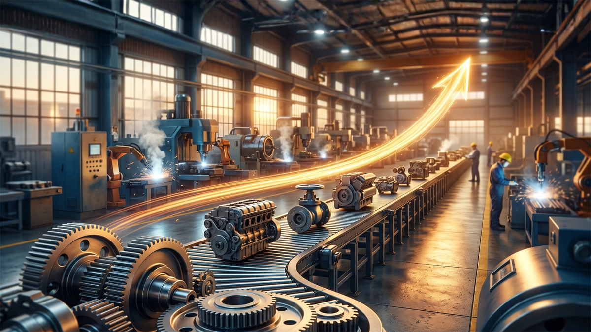 Illustrated factory floor with a conveyor belt, industrial machinery, gears, and an upward-trending arrow overlay.