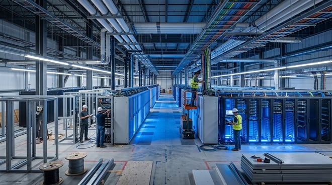 Construction workers install server racks inside a large data center facility under development.