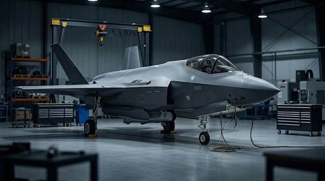 An F-35 fighter jet sits inside a military aircraft manufacturing or maintenance hangar facility.