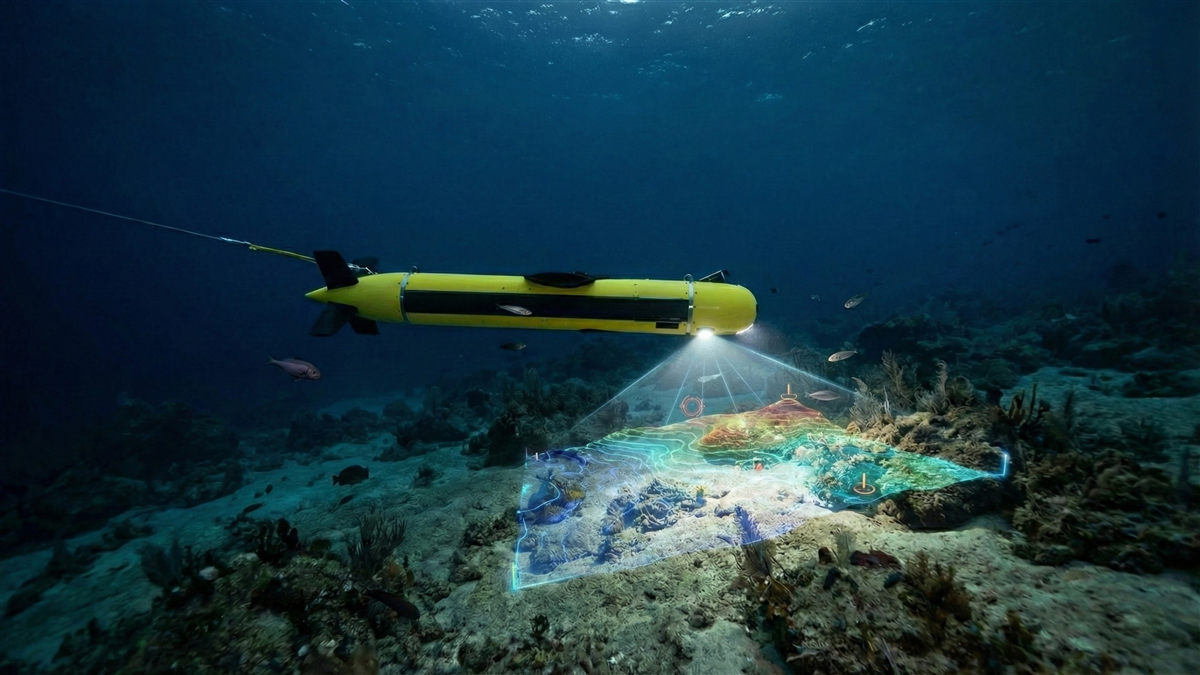 Underwater drone mapping the seafloor with sonar imaging.