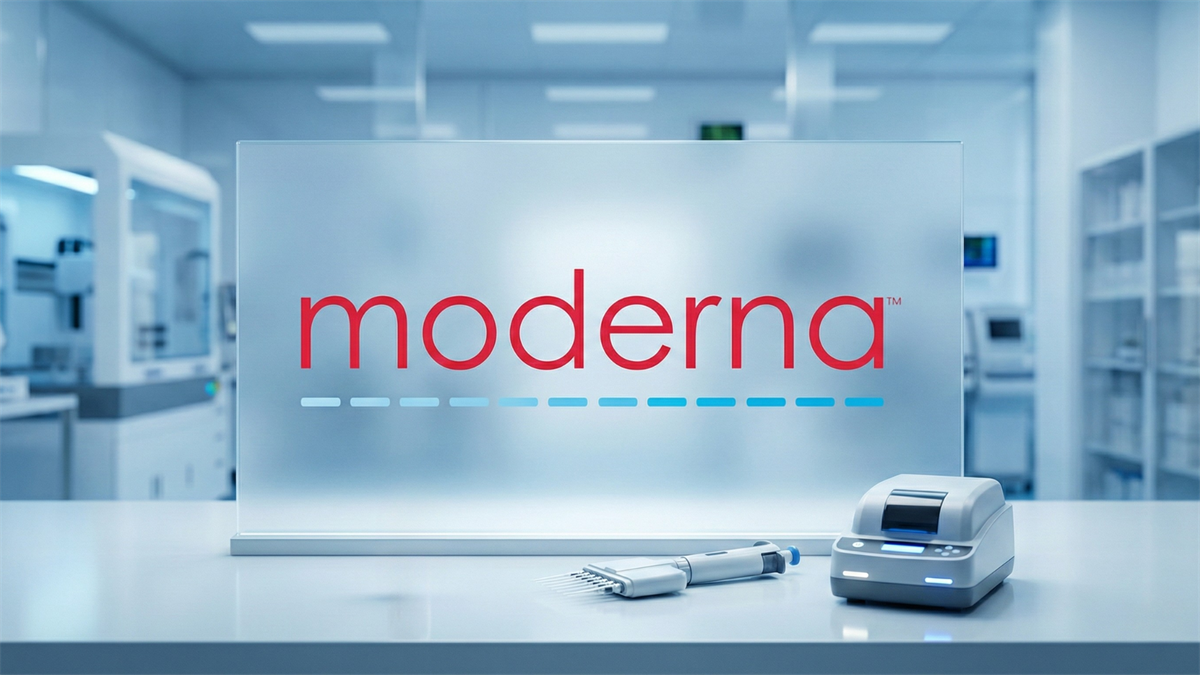 Moderna logo on frosted lab panel with biotech equipment, reflecting vaccine maker’s stock rebound.