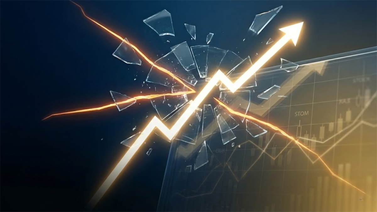 A rising stock line smashes through glass, symbolizing a powerful breakout.