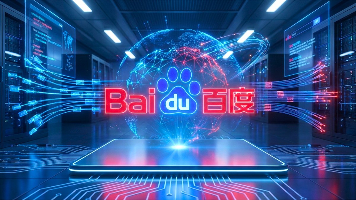 Baidu logo glows inside a data center with AI data streams, highlighting China’s AI development.
