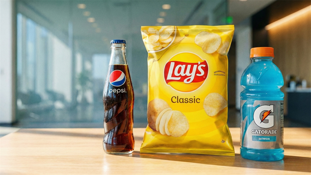 PepsiCo products—Pepsi bottle, Lay’s chips, and Gatorade—lined up on a sunlit office table.