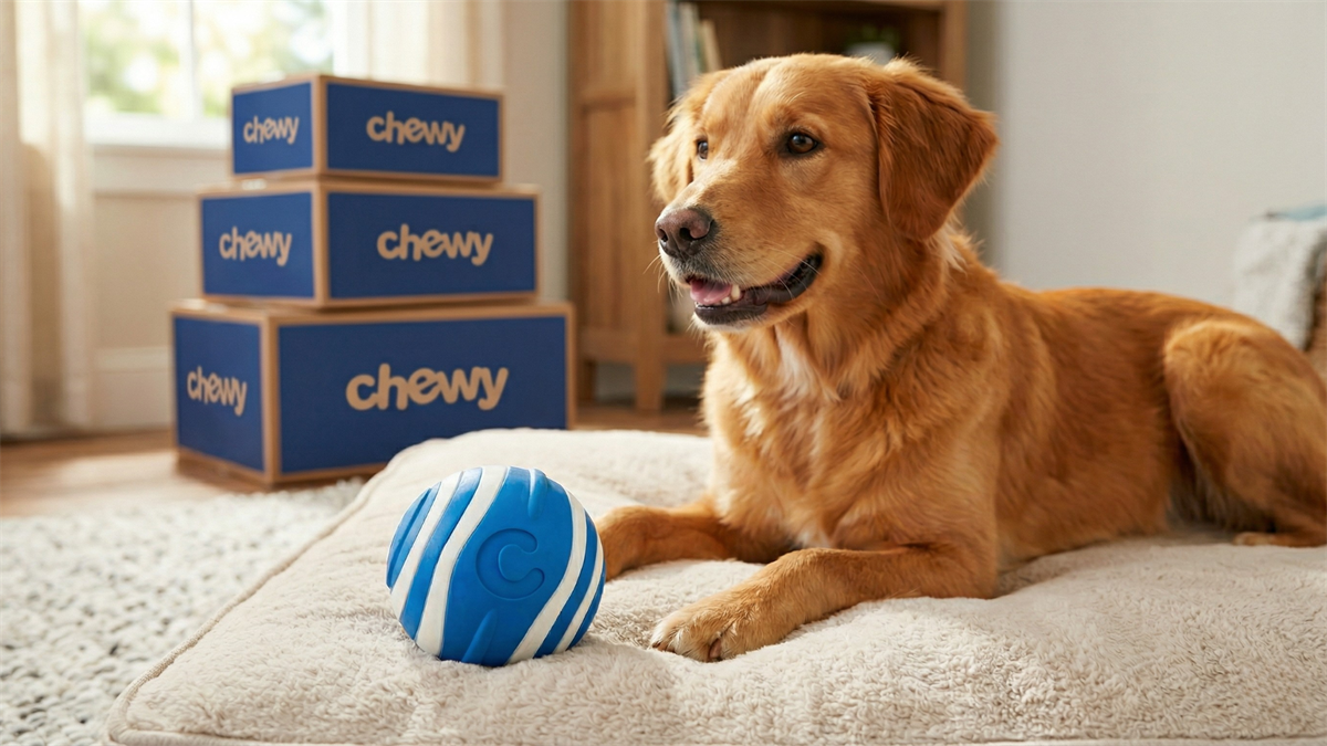Golden retriever beside Chewy delivery boxes and toy, highlighting pet e-commerce autoship convenience.