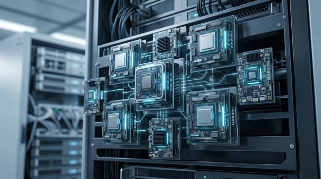 Multiple GPU and CPU circuit boards mounted in a data center server rack with glowing blue interconnects.