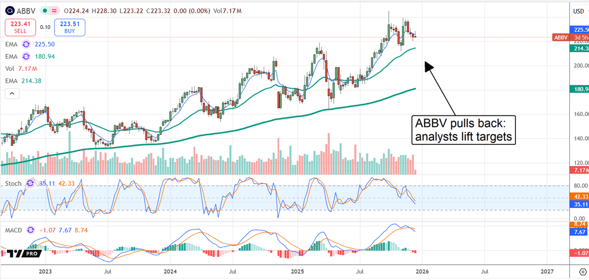 AbbVie stock chart shows recent pullback within an uptrend as analysts raise price targets, with shares holding above key moving averages.
