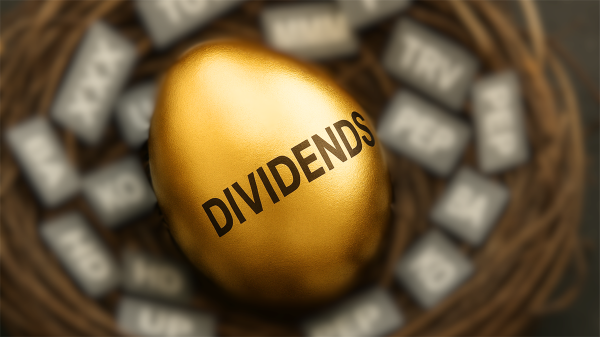 Golden egg labeled dividends rests in a nest, symbolizing reliable dividend income.