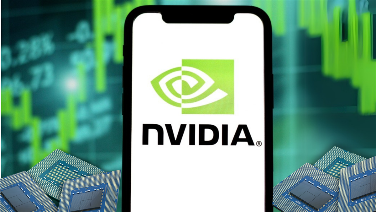 NVIDIA logo displayed on a smartphone, surrounded by semiconductor chips.
