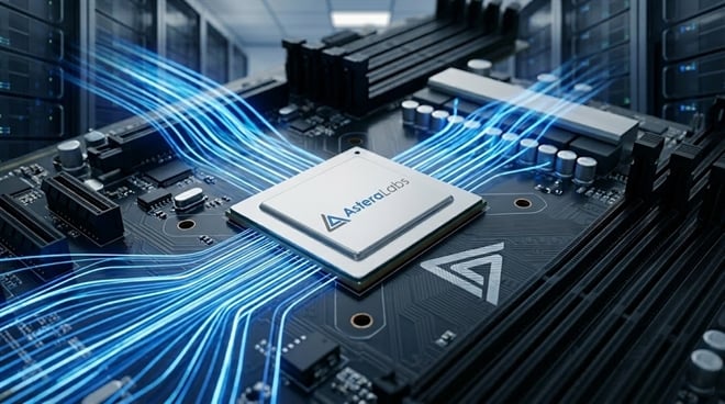An Astera Labs branded semiconductor chip sits on a circuit board with glowing blue data lines.