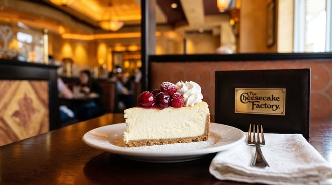 A slice of cheesecake topped with berries and whipped cream sits on a table inside a The Cheesecake Factory restaurant.