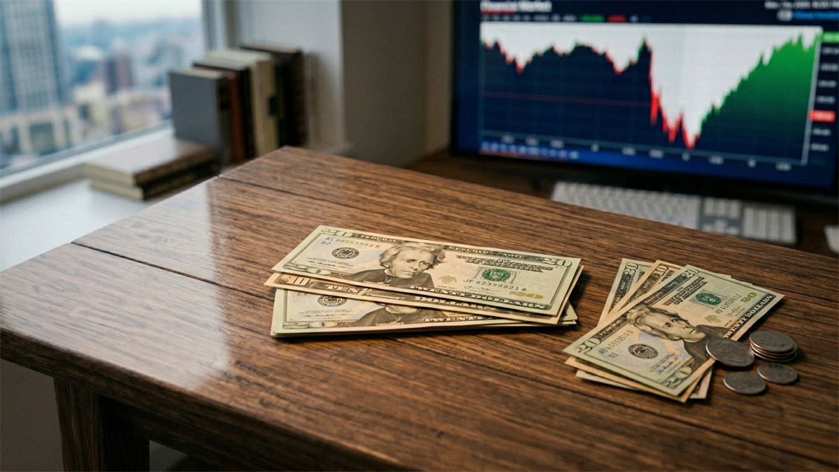 Stack of U.S. dollar bills on a wooden desk with a stock chart showing a sharp drop and rebound on a monitor in the background, symbolizing a cheap, undervalued stock opportunity.
