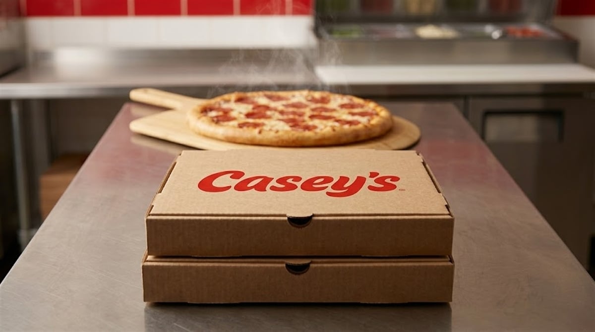 Two Casey's branded pizza boxes sit on a stainless steel counter beside a steaming pepperoni pizza.