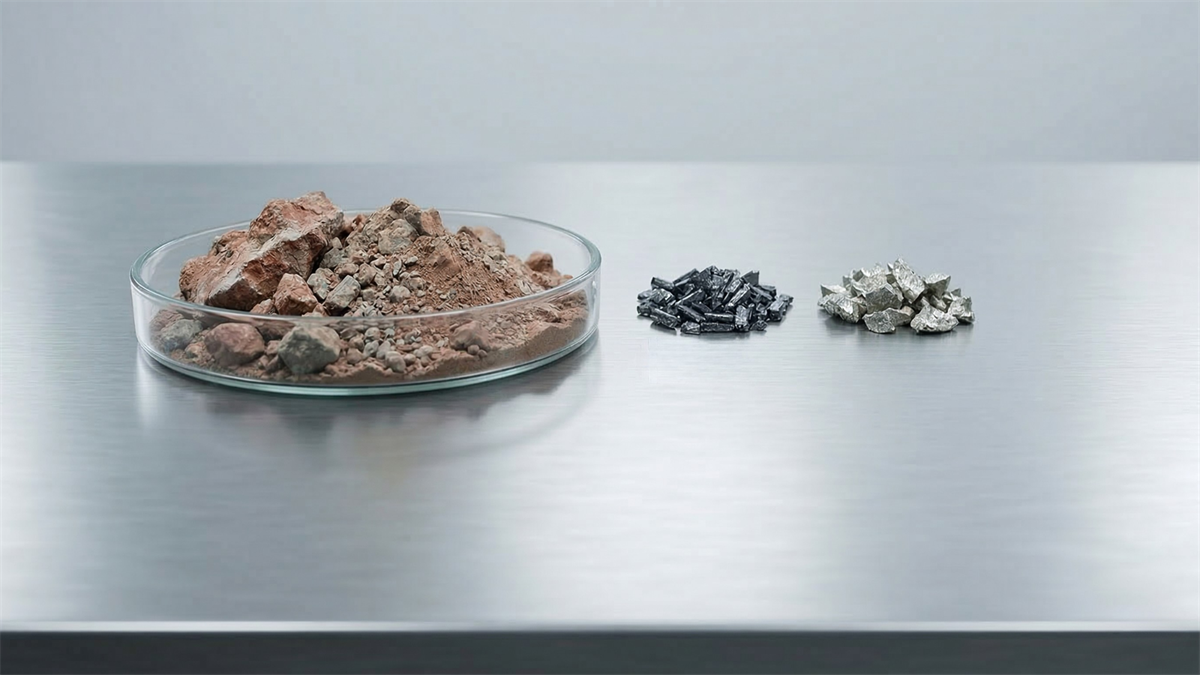 Rare earth raw material in a laboratory dish beside separated refined metal samples, illustrating the rare earth processing supply chain.