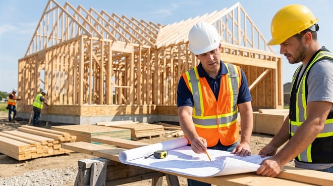 Two construction workers in hard hats review blueprints at a residential home framing site.