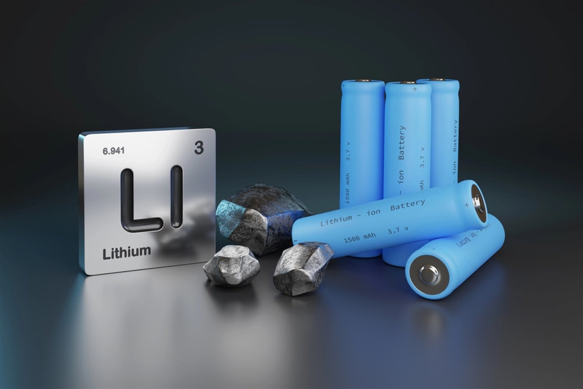 Lithium element symbol next to lithium ion batteries.
