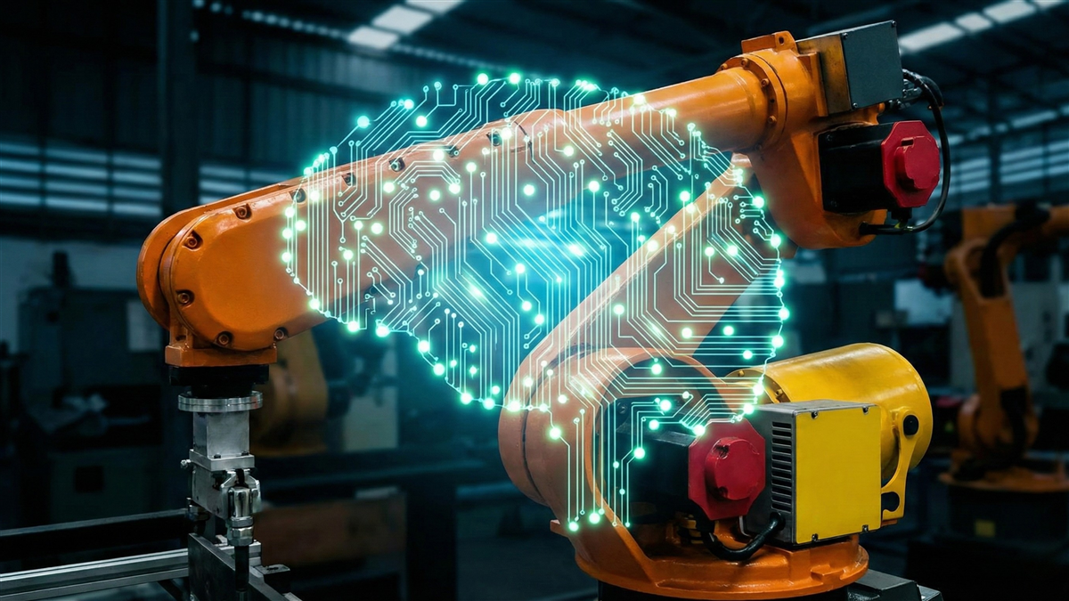 AI-enhanced circuitry over an industrial robot arm highlights rising adoption of intelligent automation in manufacturing.