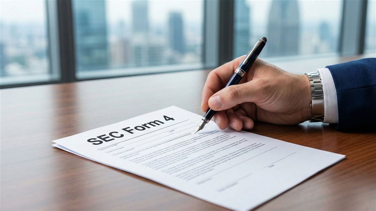 Hand signing SEC Form 4 underscores insider-trade disclosures that may signal executive sentiment shifts.