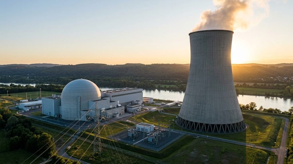 Aerial view of a nuclear power plant with a cooling tower emitting steam, situated near a river at sunset.