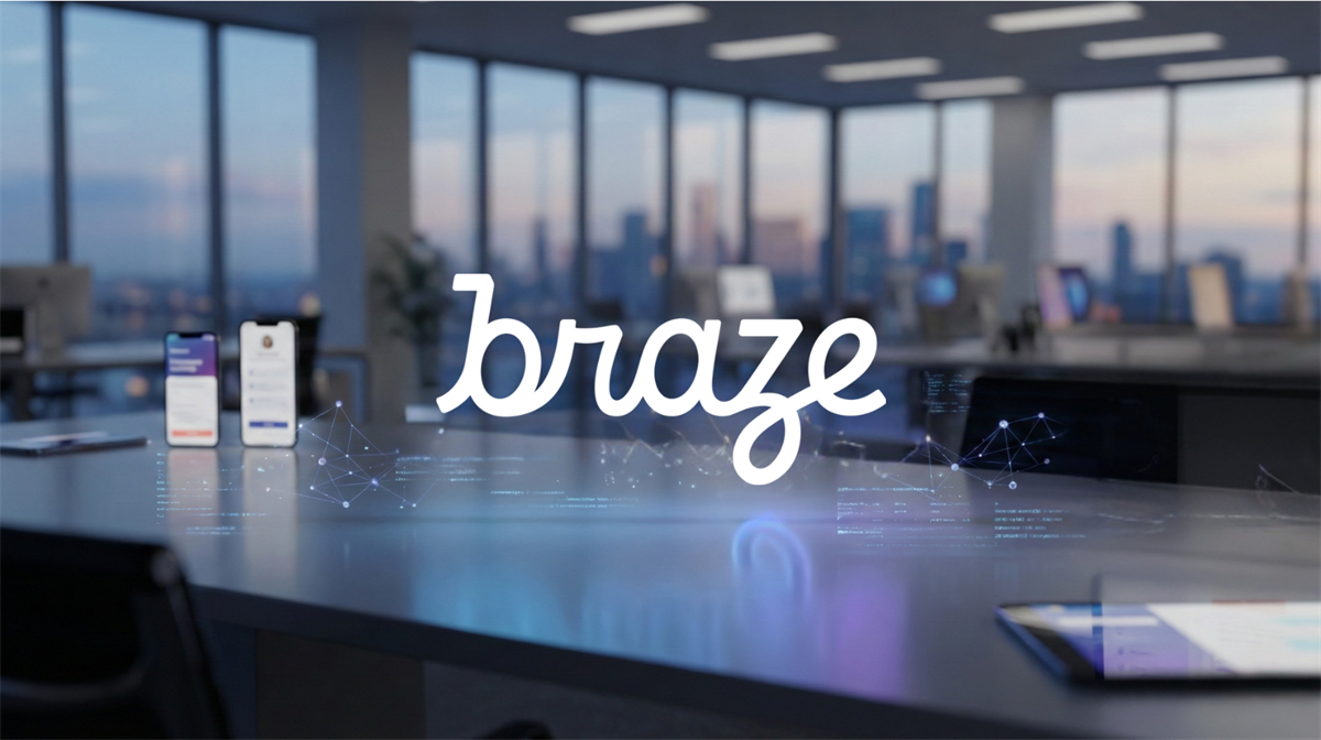 Braze logo appears in a modern office with mobile apps and data graphics, underscoring bullish momentum from strong earnings results and AI-driven growth.