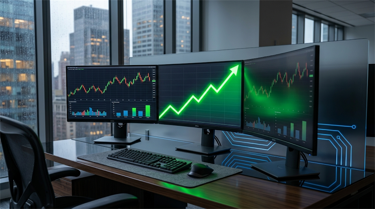 A dual-monitor trading workstation displays candlestick stock charts with a green upward-trending arrow overlay.