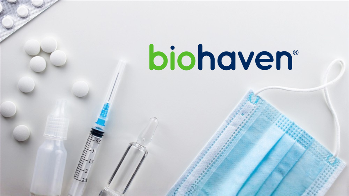 Biohaven logo alongside pills, syringe, and mask underscores pipeline focus and growth outlook.