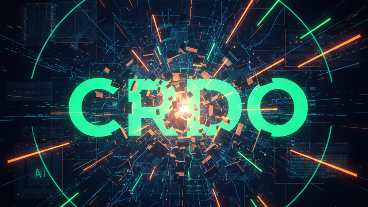 CRDO stock ticker bursts through a high-tech digital wall, to display the stock's surge in the age of AI.
