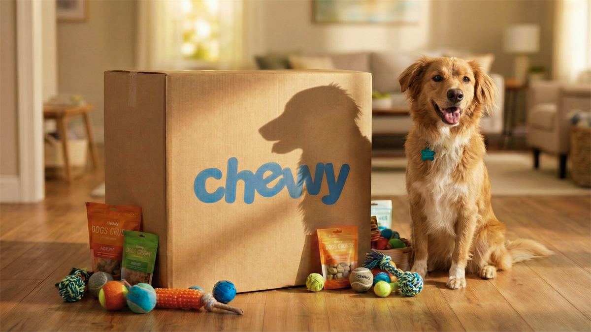 Chewy box surrounded by dog toys and treats as a dog sits happily beside it.