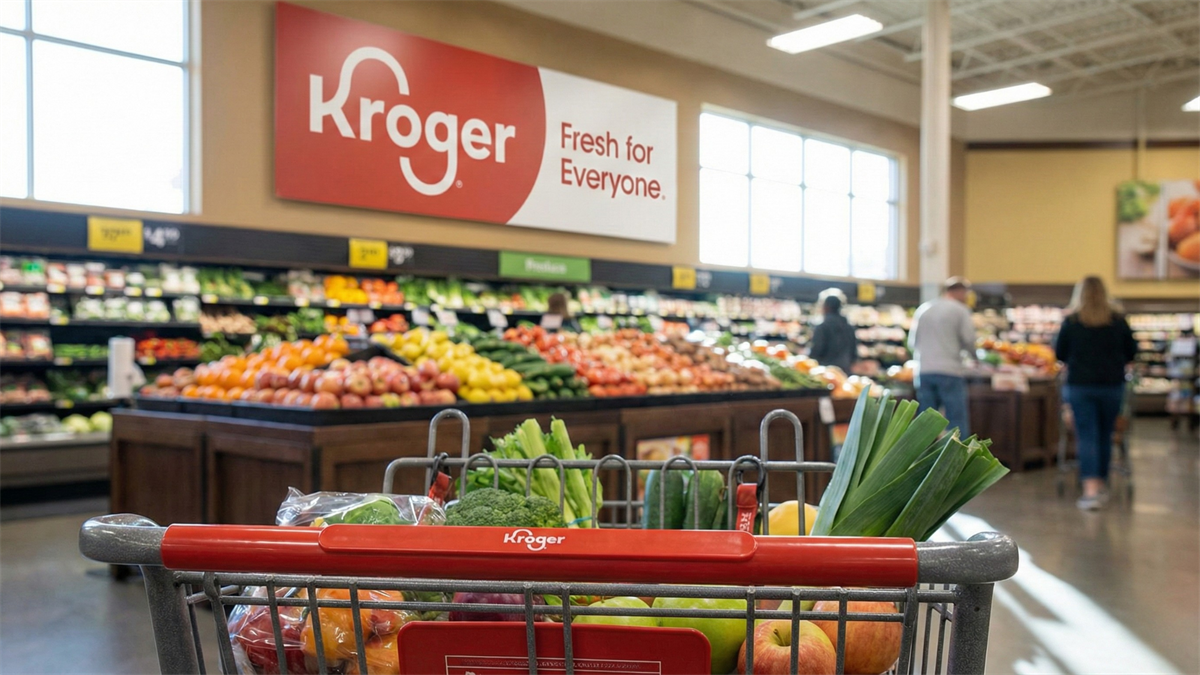 Kroger produce section with a shopping cart in the foreground and the Kroger “Fresh for Everyone” sign above fruit displays.