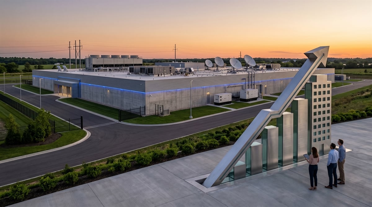 Professionals review data near a composite illustration of a rising arrow chart overlaid on a data center facility at dusk.