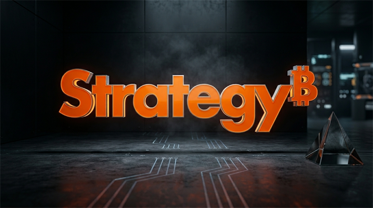 Strategy logo displayed with a Bitcoin symbol in a dark, tech-themed digital setting.