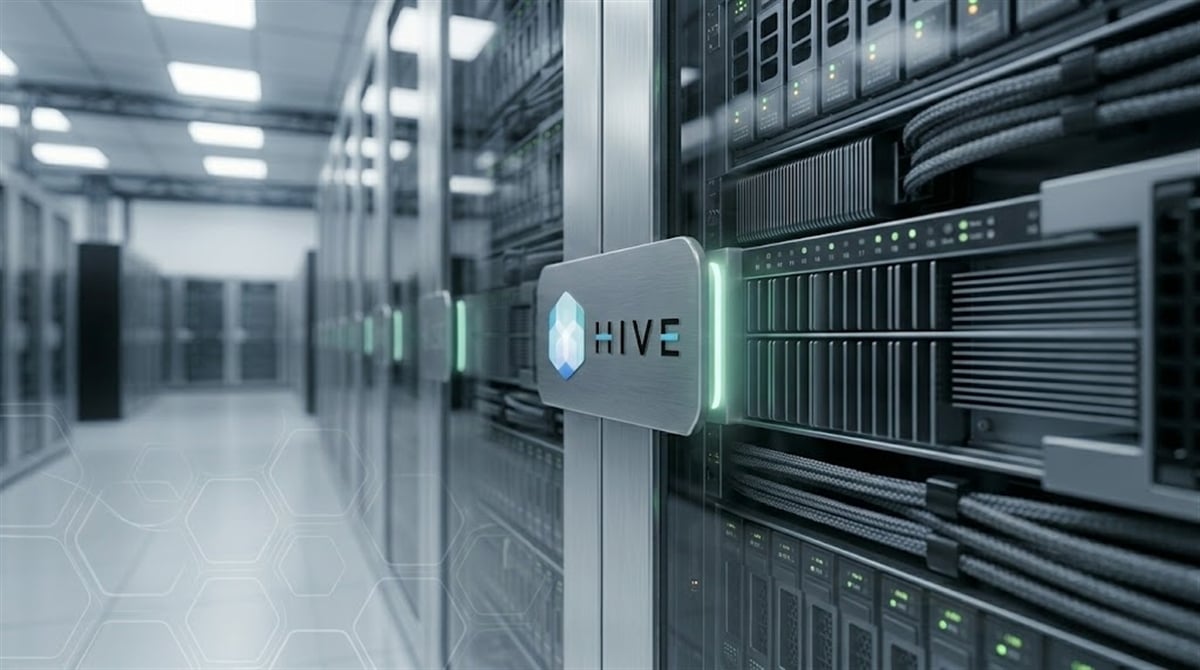 HIVE Digital Technologies logo displayed on a server rack inside a data center facility.