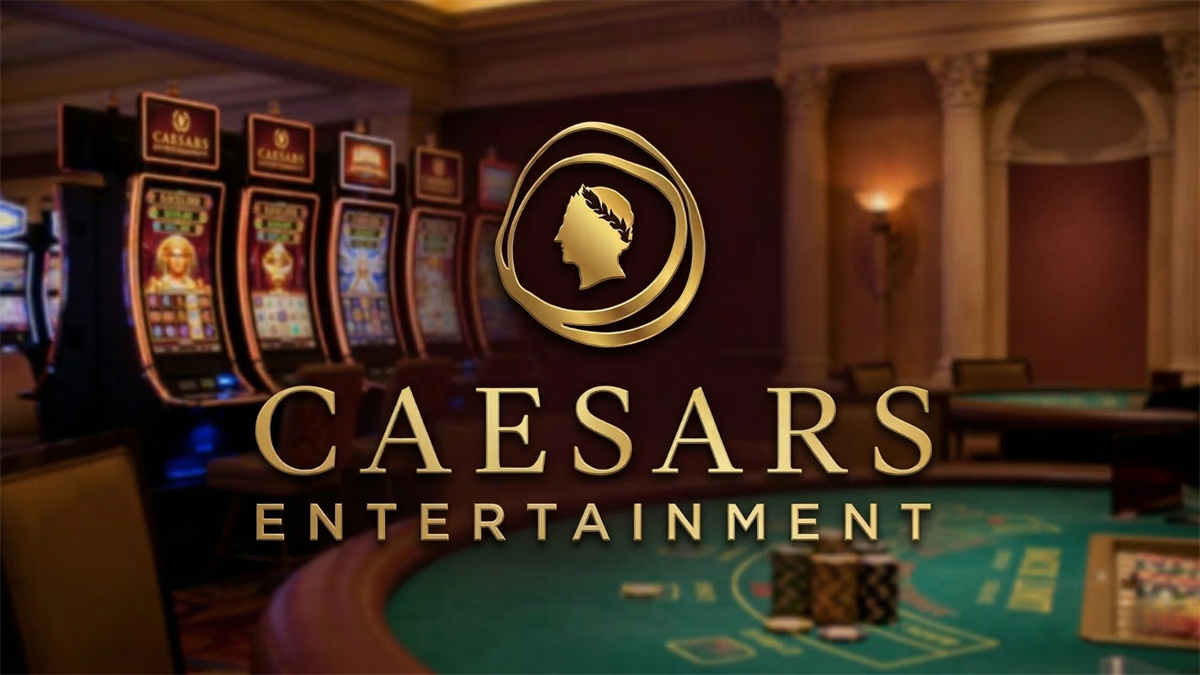 Caesars Entertainment casino floor with slot machines and gaming tables, highlighting the company’s branding amid takeover speculation in the casino industry.