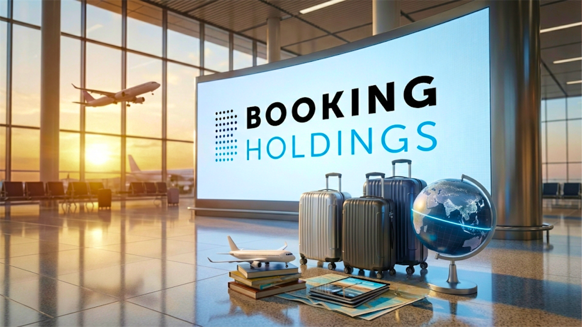 Booking Holdings logo on an airport display with luggage, highlighting travel demand and BKNG stock outlook.