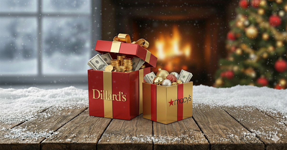 Dillard’s and Macy’s gift boxes filled with cash and coins on a snowy holiday table evoke seasonal retail sales strength.