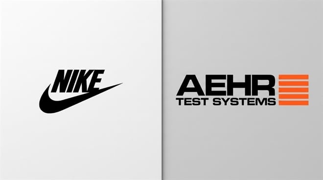 Side-by-side logos of Nike and Aehr Test Systems on a split gray and white background.