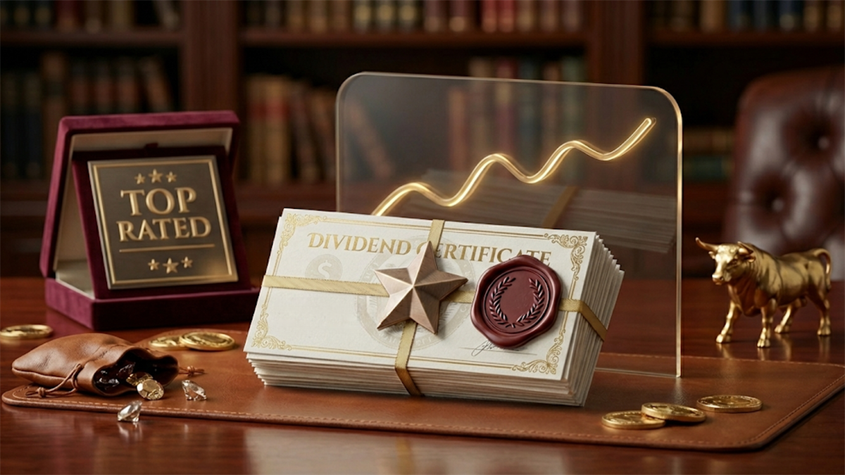 Dividend certificates, gold coins, and a rising chart motif emphasize dividend income and top-rated payout performance.