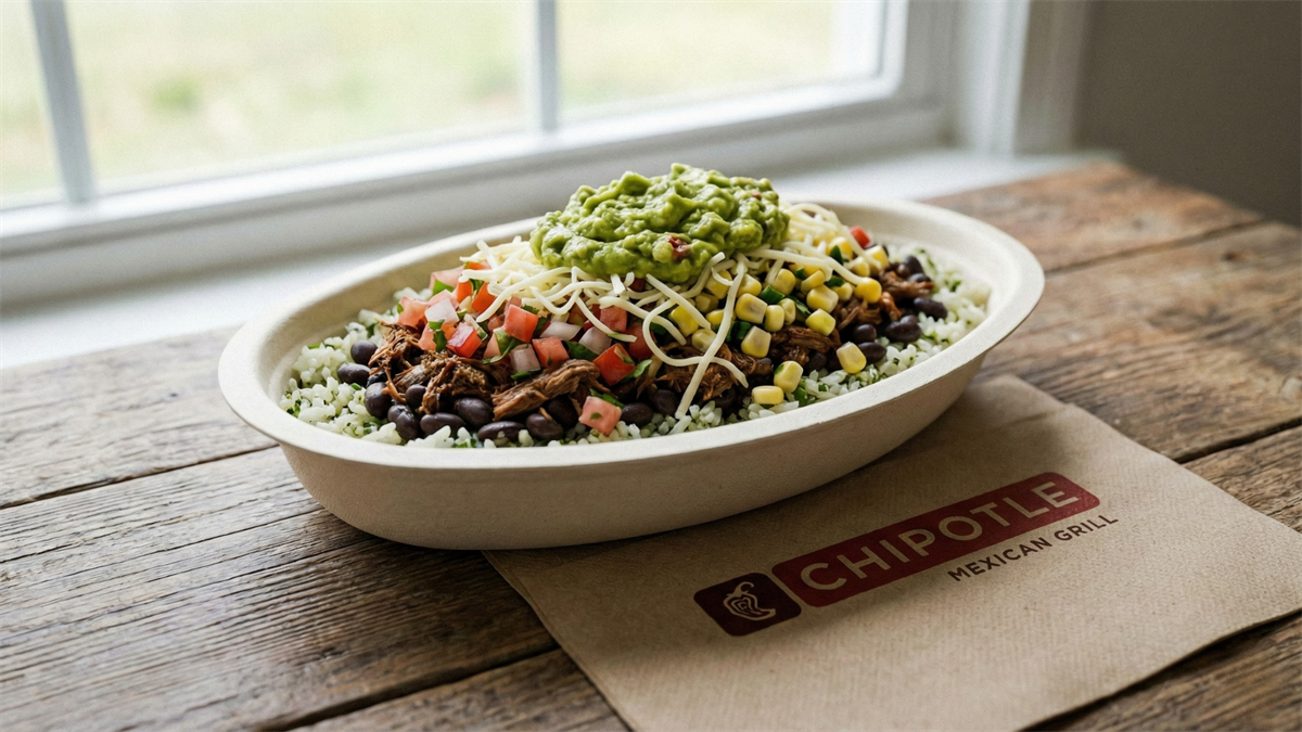 Chipotle burrito bowl with guacamole on a wooden table beside a branded Chipotle napkin, natural window light.