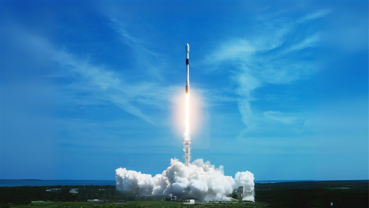 Take off space rocket on a background of blue sky and sun. 