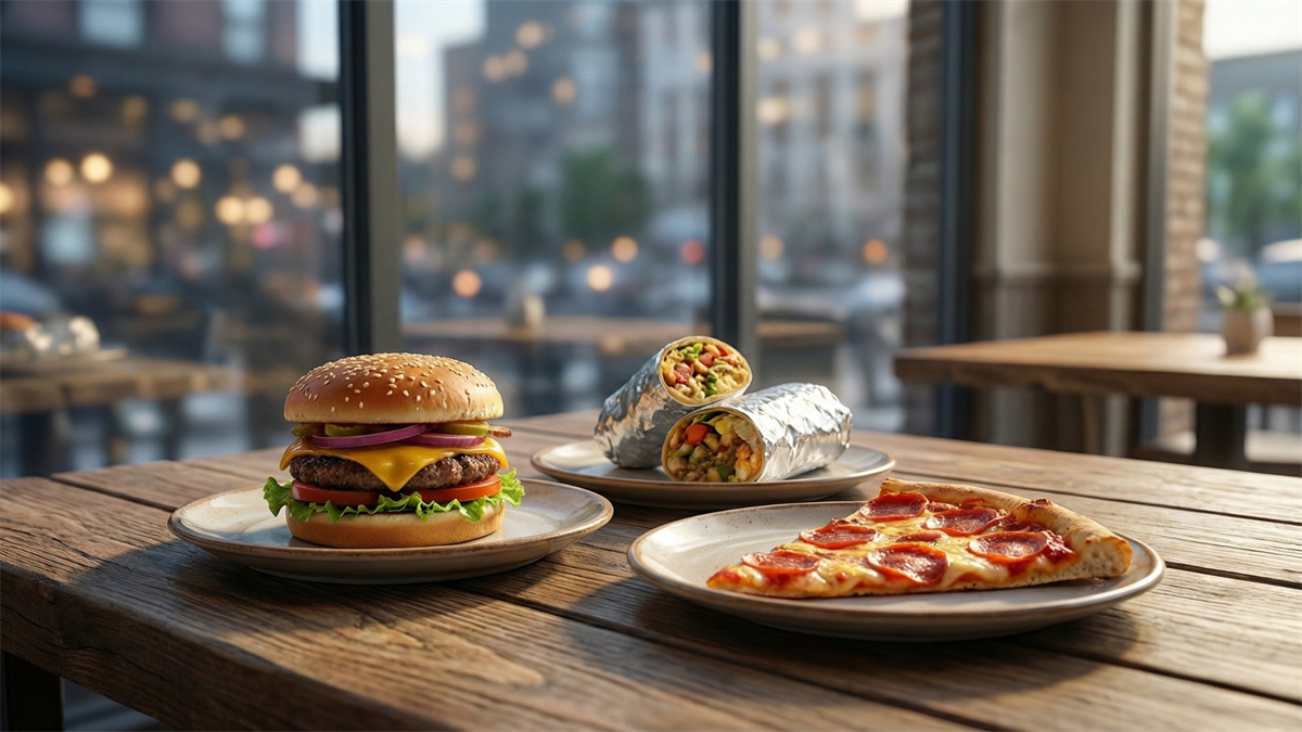 Burger, burrito, and pizza slice on a restaurant table, symbolizing fast food dining trends and inflation impact